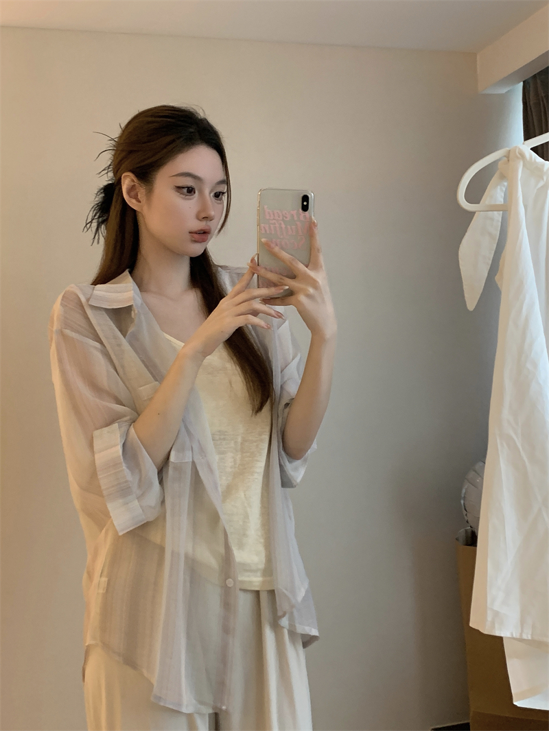 실사 정가 헤일로 염색 세로 줄무늬 긴팔 자외선 차단 셔츠 느긋한 루즈핏 다용도 중간 길이 슬립 투피스 세트