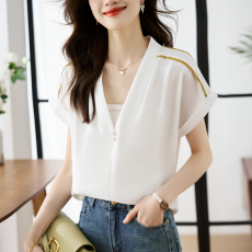 批发实拍V领纯色开衫<b class='q'>雪纺衫</b>2023短袖短袖宽松上衣女夏超仙洋气小衫