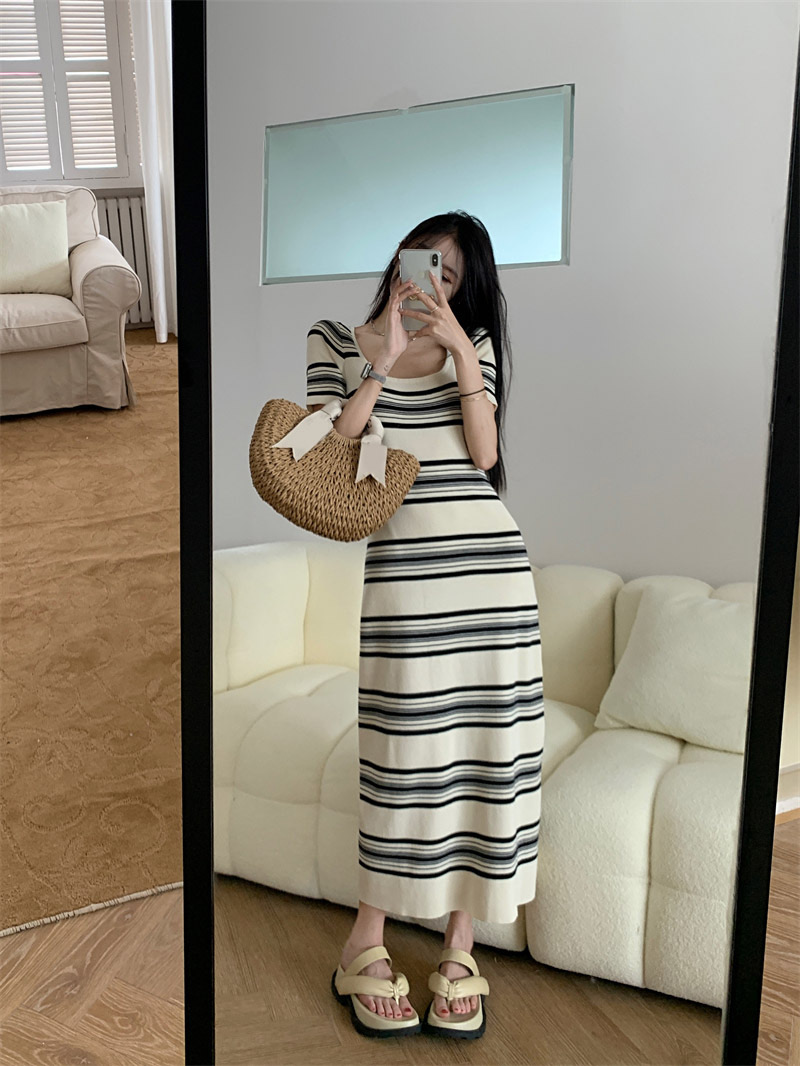 Hong Kong Style Square Neck Women's Summer Casual Seaside Vacation Striped Long Skirt French Waist Retro Style Skirt