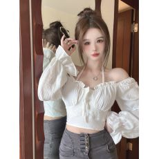 批发实拍2025新款<b class='q'>长袖</b>V领挂脖系带束胸修身显瘦短款性感衬衫