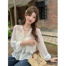 批发大码温柔风提花拼接镂空遮肉蕾丝防晒女泡泡袖衬衣