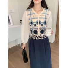 批发针织衬衣春秋2025新款V领粗线勾花镂空泡泡袖甜美设计<b class='q'>上衣</b>女