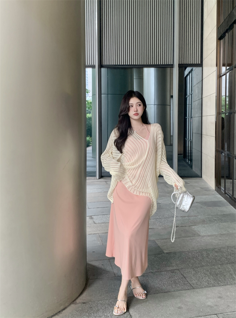 실사 정가 여름 자외선 차단 루즈핏 느긋한 바람 느슨함 디자인 센스 블라우스 단색 섹시함 슬립 드레스