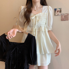 批发实拍大码女<b class='q'>装</b>夏季新款胖mm气质设计感蝴蝶结松紧腰衬衫短<b class='q'>裤</b>两件套