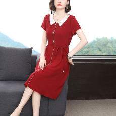 批发2025年夏季新款红色中长款连衣<b class='q'>裙</b>女减龄<b class='q'>娃娃</b>领系带简约妈妈装<b class='q'>裙</b>子