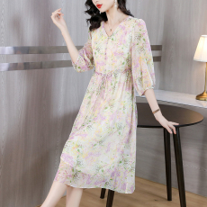 批发实拍雪纺中长裙女2026夏新款显瘦气质<b class='q'>连衣裙</b>优雅短袖修身裙