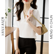 批发实拍洋气显瘦夏季新款女装短袖V领纯色雪纺衬衫打底衫衬衣