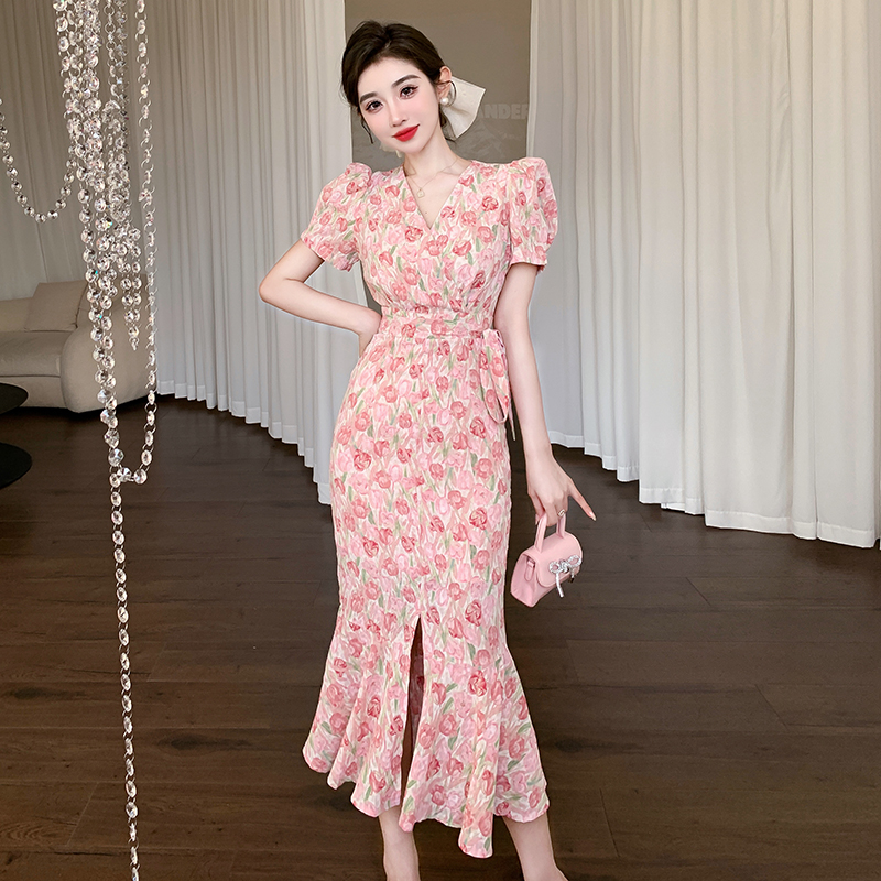 RY848# 实拍夏季时尚碎花温柔收腰提花气质鱼尾中长款开叉连衣裙