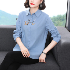 批发POLO领长袖衬衫上衣女时尚春秋新款大码宽松绣花开衫妈妈装小衫