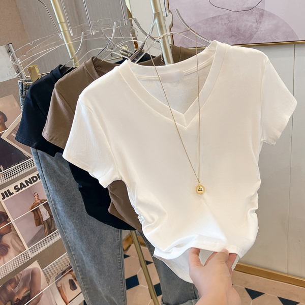 RM19613#法式高级感V领短袖t恤女夏季设计感小众褶皱弧形正肩体恤上衣