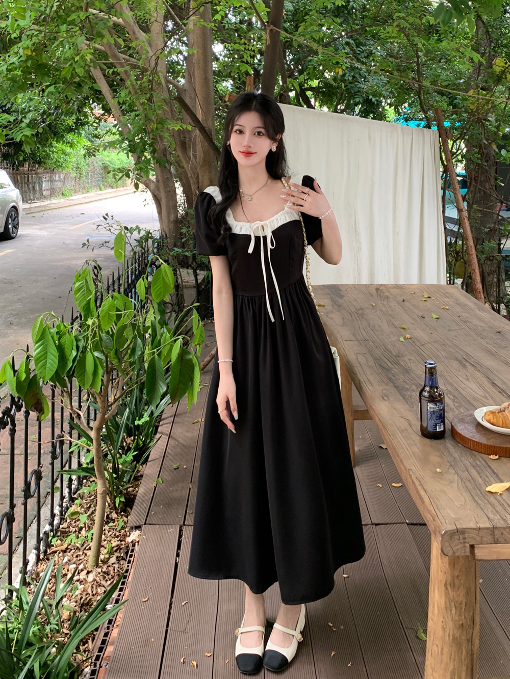 MY5000# 大码女装法式复古方领短袖赫本风小黑裙胖MM气质收腰连衣裙女裝貨源服裝批發