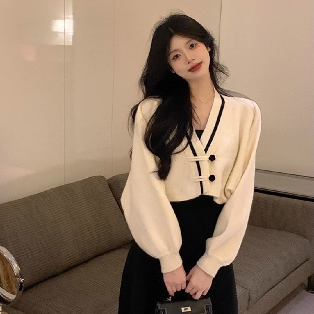 새로운 중식 국풍 단추 배색 V넥 스웨터 여성 코트 가을 겨울 레트로 루즈핏 쇼트 스타일 니트 오픈 가디건 맨위