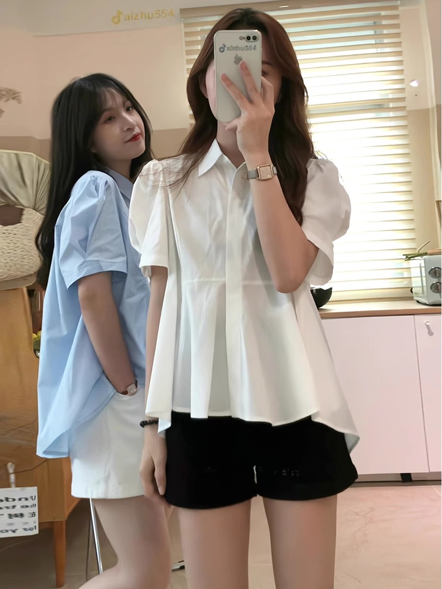 마이크로 지방 chic 여름 미니멀리즘 레트로 폴로 칼라 뒤로 플리츠 디자인 센스 루즈핏 불규칙 거품 소매 여성 셔츠
