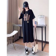 批发3059#实价抖音质量/纯棉/后包领长款过膝贴皮印花开叉宽松连衣裙