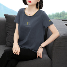 批发撞色圆领短袖T恤女夏季新款2025年简约百搭大码套头中年女士上衣