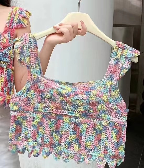 Korean colorful crochet suspender tassel vest beach swimsuit bikini beautiful back halter neck lace-up padded top