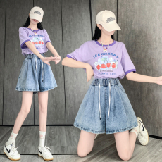 批发实拍 夏季新款牛仔短裤休闲简约百搭松紧高腰阔腿<b class='q'>加大</b>码女装230斤