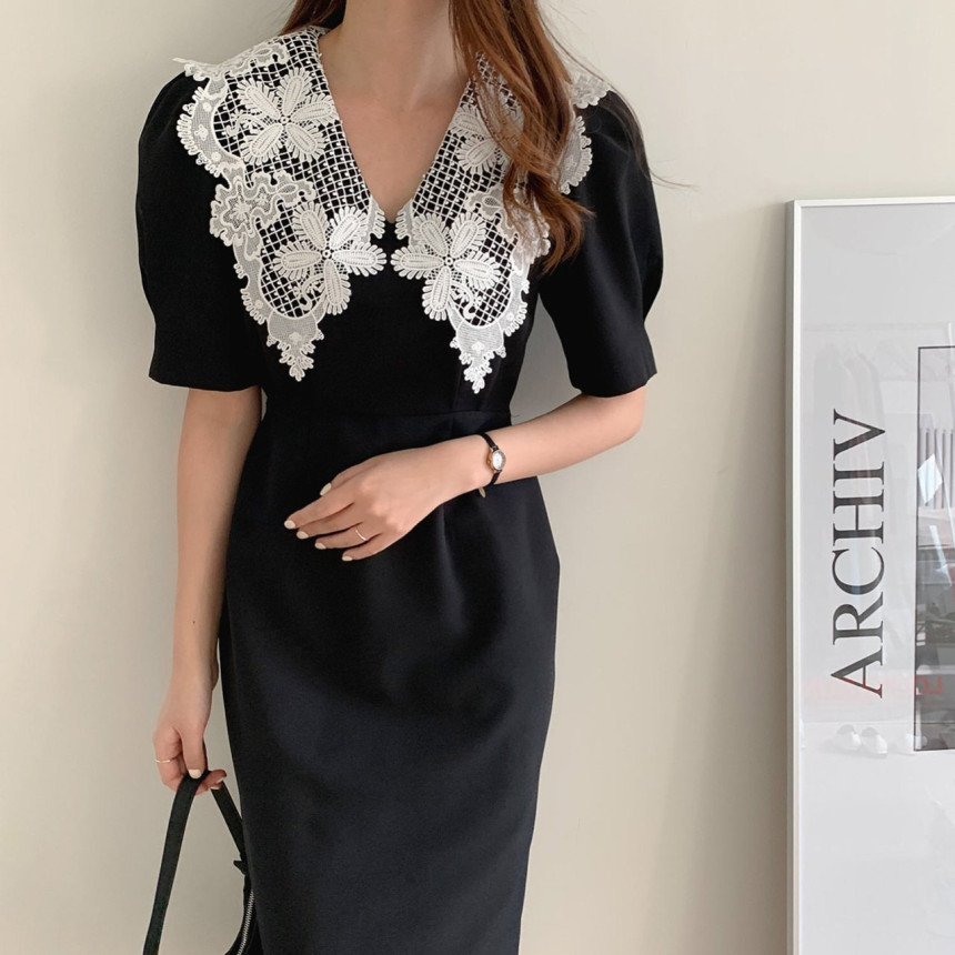 MY10709# chic 复古刺绣大翻领束腰泡泡袖连衣裙女裝貨源服裝批發