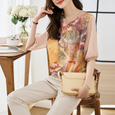 批发实拍高端缎面阿玛丝2026印花宽松时尚洋气五分<b class='q'>短袖</b>T恤上衣