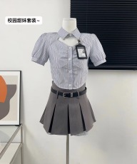 肉装小cherry 校园甜妹 微胖学院条纹衬衫假两件拼接百褶半裙套装