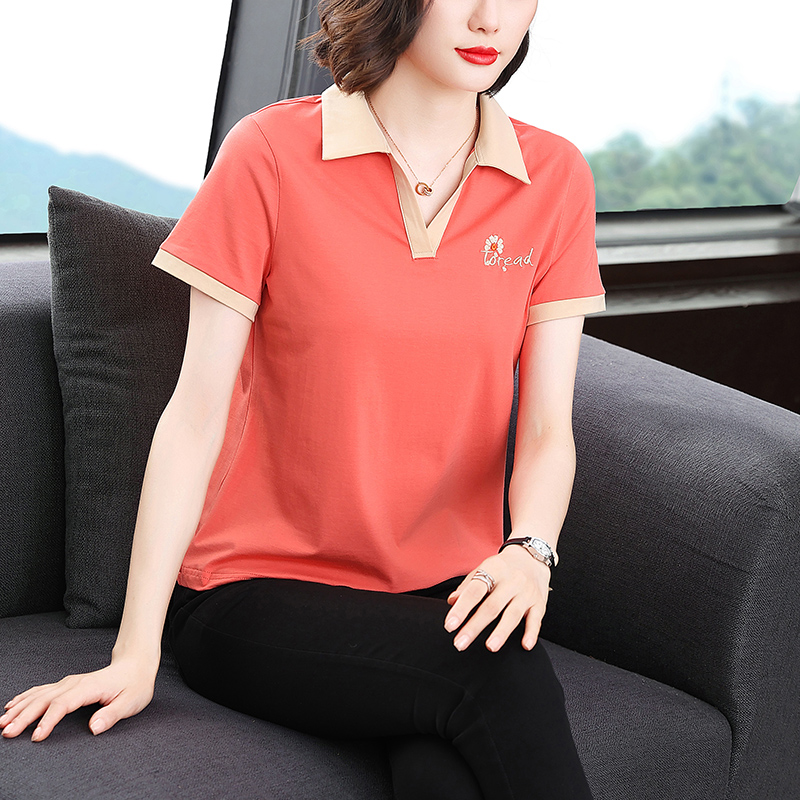 MY8086# 撞色半开领短袖T恤女夏季V领套头大码上衣简约女士遮肚小衫女裝貨源服裝批發