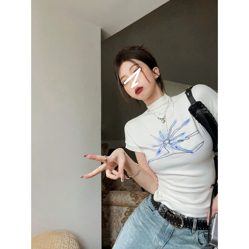 있음 선적 대외 무역 원본 새로운 40 면 리브 한국 스타일 얼음 실크 반하이넥 반팔 티셔츠