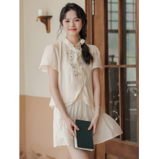 批发绣花新中式国风盘扣<b class='q'>套装</b>女小个子夏季衬衫短裙甜美a字裙