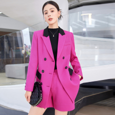 时髦高端玫红西装外套女2023秋冬新款今年流行的韩版西服短裤套装