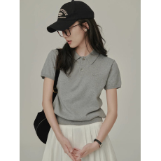 批发夏季新款简约复古运动风百搭针织POLO衫短袖日系慵懒风短款上衣