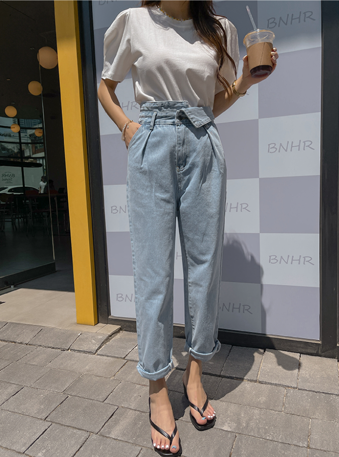 Summer design sense symmetrical pocket high waist jeans straight leg pants