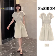 批发大码新款法式网红爆款收腰显瘦轻熟赫本风白色连衣裙子女夏季