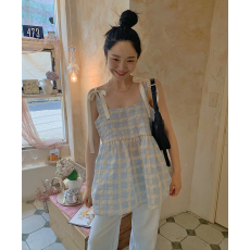 批发已出货  韩系甜美减龄泡泡纱格纹蝴蝶结系带宽松百搭天丝吊带上衣