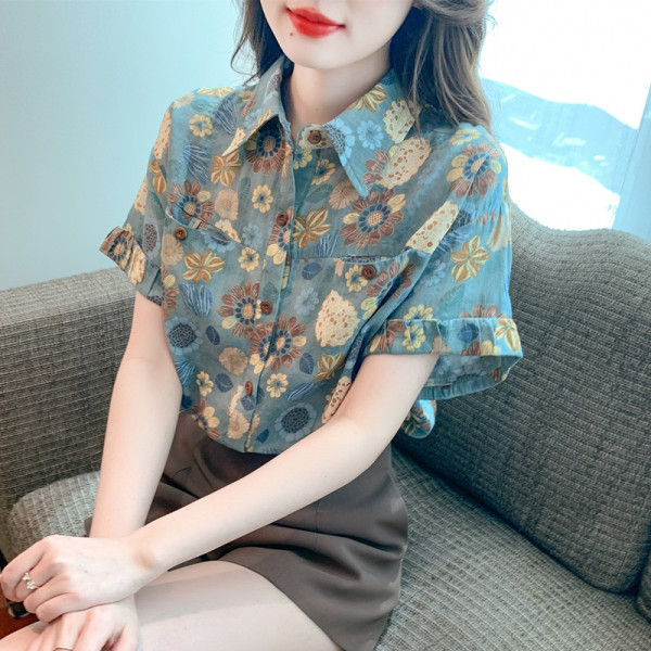 RM20156#夏季港风气质花色衬衫休闲别致小衫复古翻领衬衣