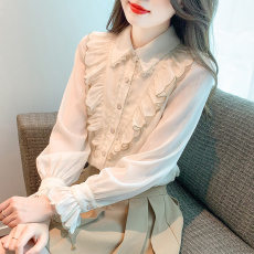 批发2025春季新款衬衫喇叭袖甜美春秋<b class='q'>淑女</b>娃娃领长袖标准单排扣