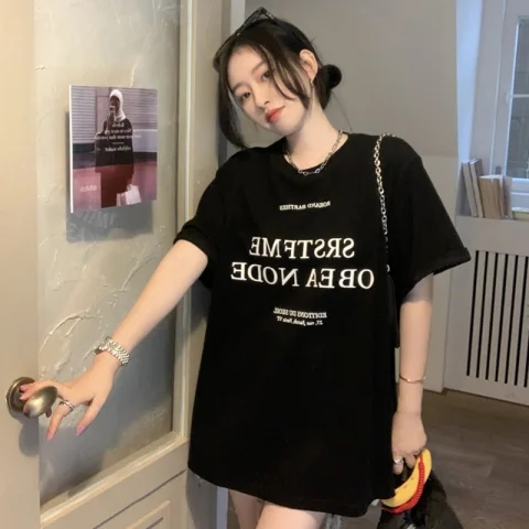 있음 선적 원본 대외 무역 반팔 티셔츠 여성 여름 드레스 항구 바람 티셔츠 한국 스타일 트렌디 학생 루즈핏 다용도 반팔 맨위