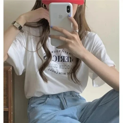 있음 선적 원본 대외 무역 반팔 티셔츠 여성 여름 드레스 항구 바람 티셔츠 한국 스타일 트렌디 학생 루즈핏 다용도 반팔 맨위