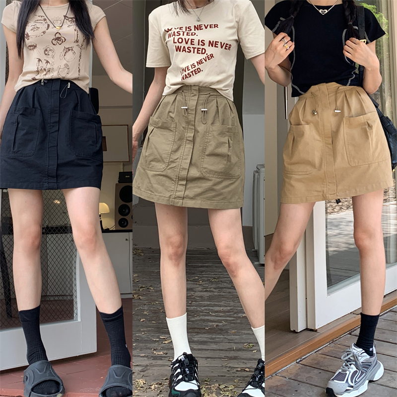 Real shot 2024 summer new Korean style casual high-waisted elastic A-line fashion workwear skirt