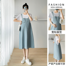 批发实拍孕妇装夏季新款背带裙假两件纯棉短袖T恤长裙宽松大码<b class='q'>连衣裙</b>