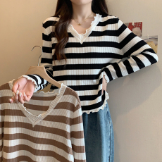 批发实拍大码女装春装新款胖mm韩版木耳边条纹遮肉显瘦针织上衣
