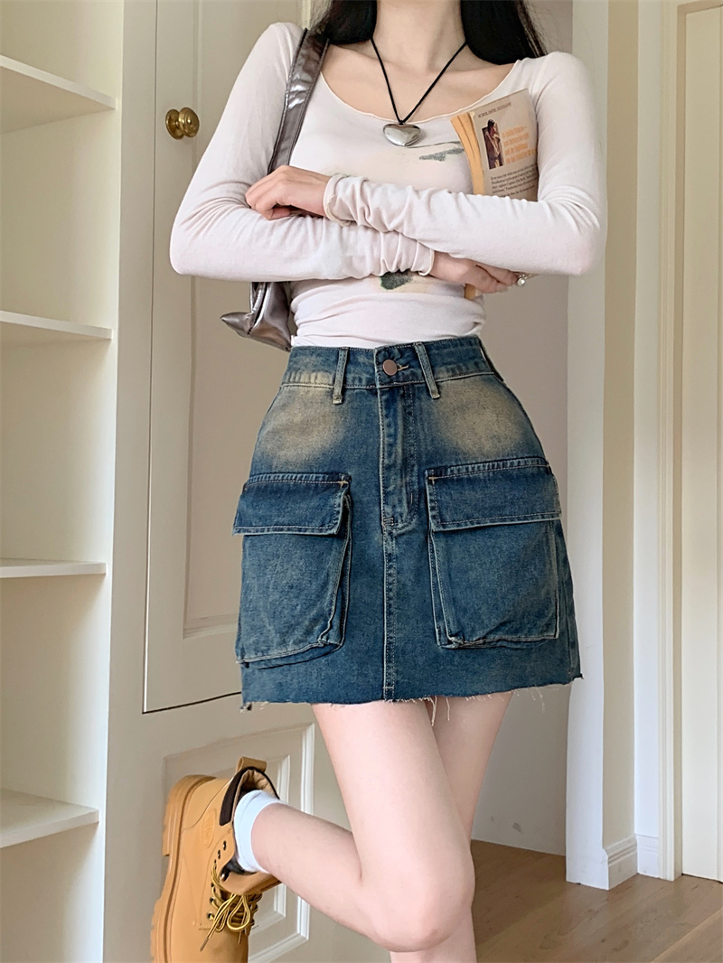 Spice Girl Retro Denim Workwear Skirt Skirt Women's Summer New A-line Half Skirt High Waist Bag Hip Skirt