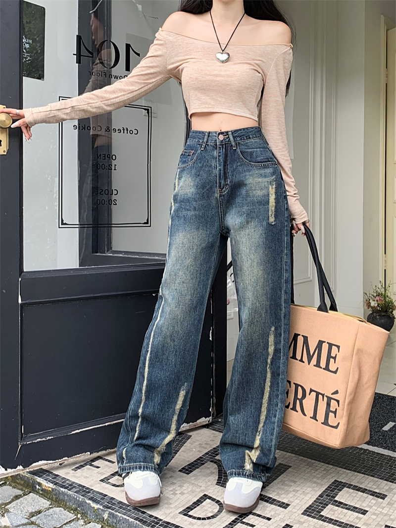 Ripped straight jeans women's  new trendy slim design loose high waist wide leg pants