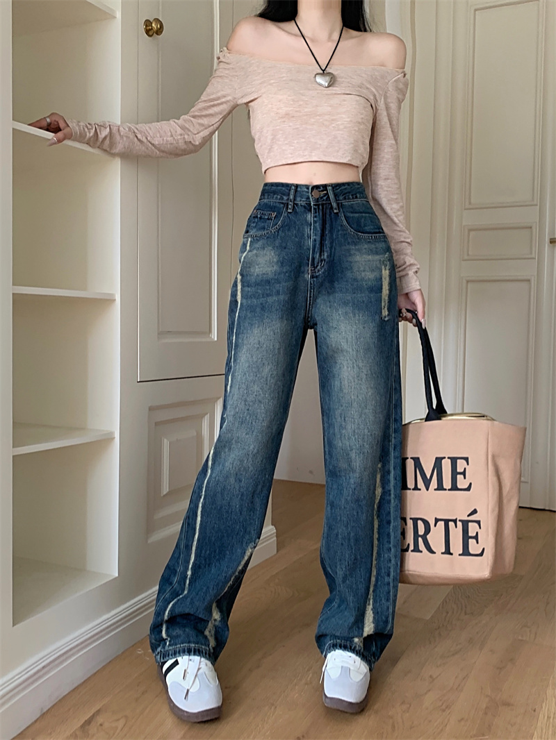 Ripped straight jeans women's  new trendy slim design loose high waist wide leg pants