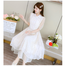 批发短袖改良开衫<b class='q'>吊带</b>两件套甜美淑女中国风气质显瘦高级感杏色连衣裙