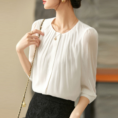 批发时尚圆领白色雪纺衬衫女2026<b class='q'>春</b>款百搭衬衣开衫气质通勤七分袖上衣