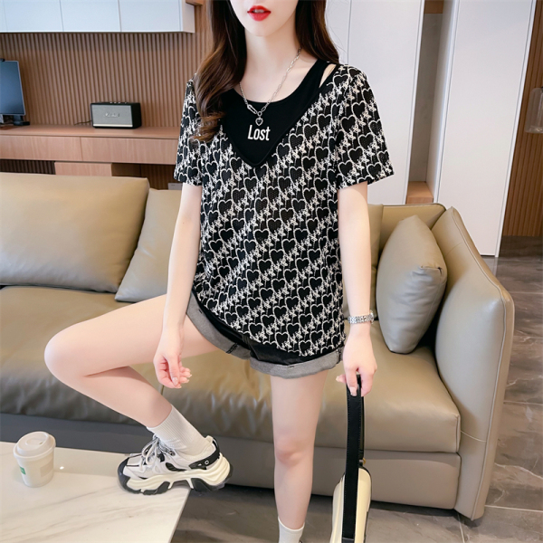 RM19665#夏装韩版宽松假两件条纹刺绣大码短袖T恤女