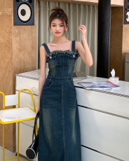 实拍2023夏装新款牛仔背带连衣裙女抹胸复古学院风长裙