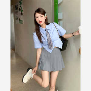 RM23965#学院风短袖衬衫女设计感小众夏季新款polo领衬衣宽松短款别致上衣
