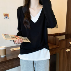 批发实拍大码女装早秋装<b class='q'>胖</b><b class='q'>mm</b>显瘦假两件设计感针织衫气质撞色休闲上衣