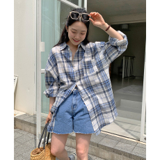 批发已出货  韩版慵懒男友风复古格纹百搭宽松中长款棉麻<b class='q'>衬衫</b>上衣