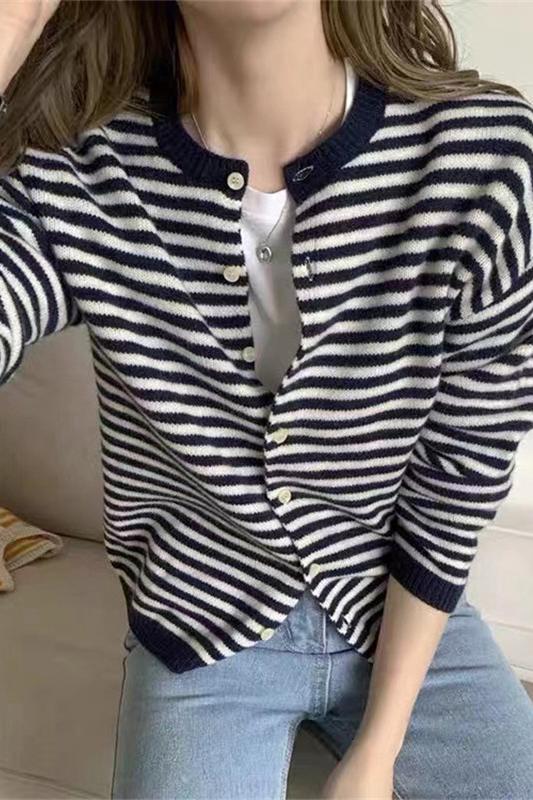 New women's casual cardigan imitation cotton retro gentle wind round neck striped sweater jacket 2023